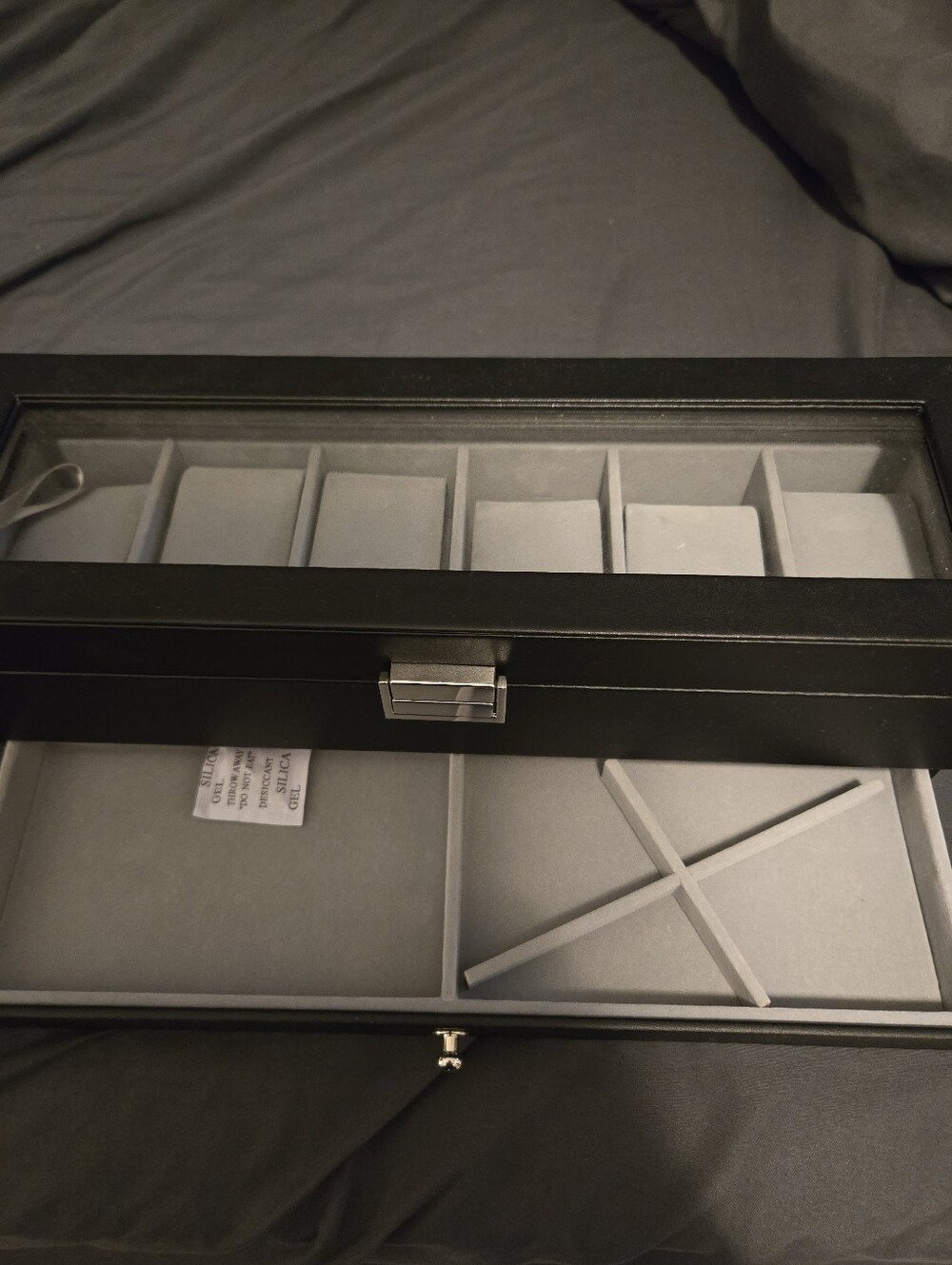 Black Glass-Top Jewelry Watch Organizer with Gray Interior